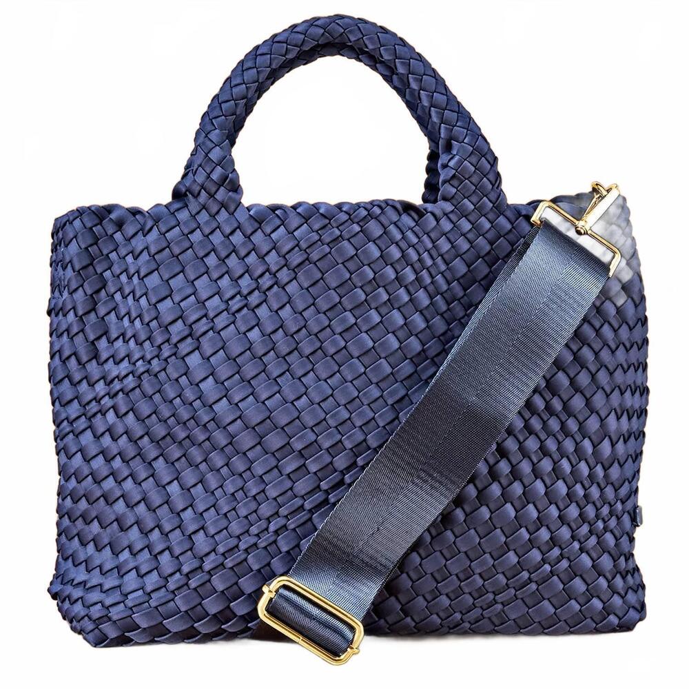 NEW AHDORNED women's lily woven neoprene tote bag in navy